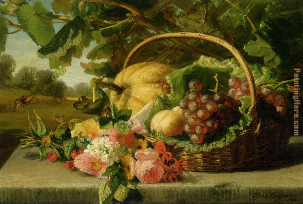 A still life with flowers grapes and a melon painting - Geraldine Jacoba Van De Sande Bakhuyzen A still life with flowers grapes and a melon art painting